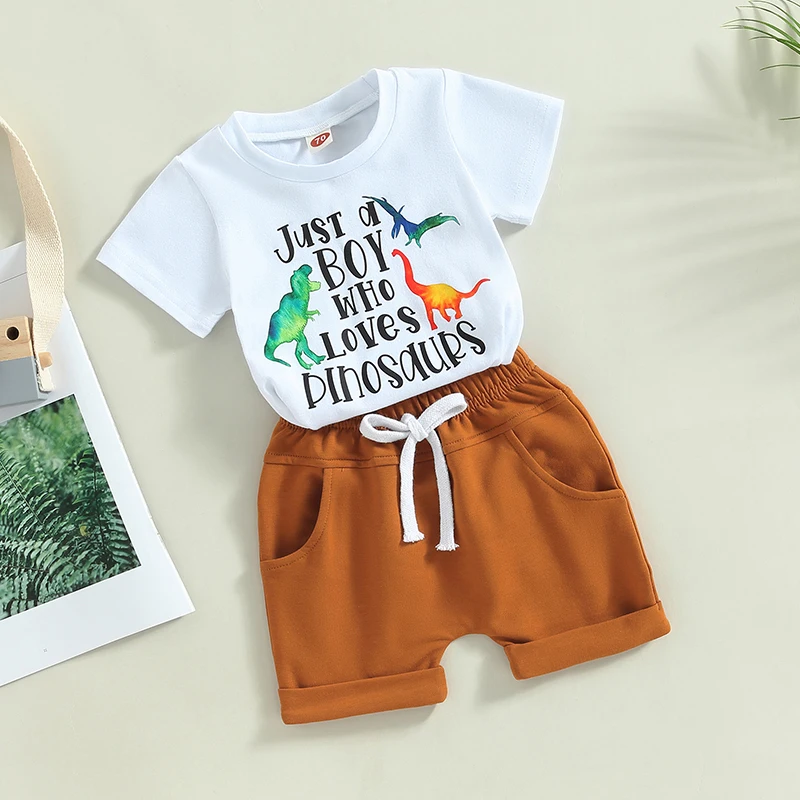 

Kid Boy Short Pants Suit Short Sleeve Round Neck Letters Print Top T Shirt with Drawstrings Short Trousers Outfit Casual Sets