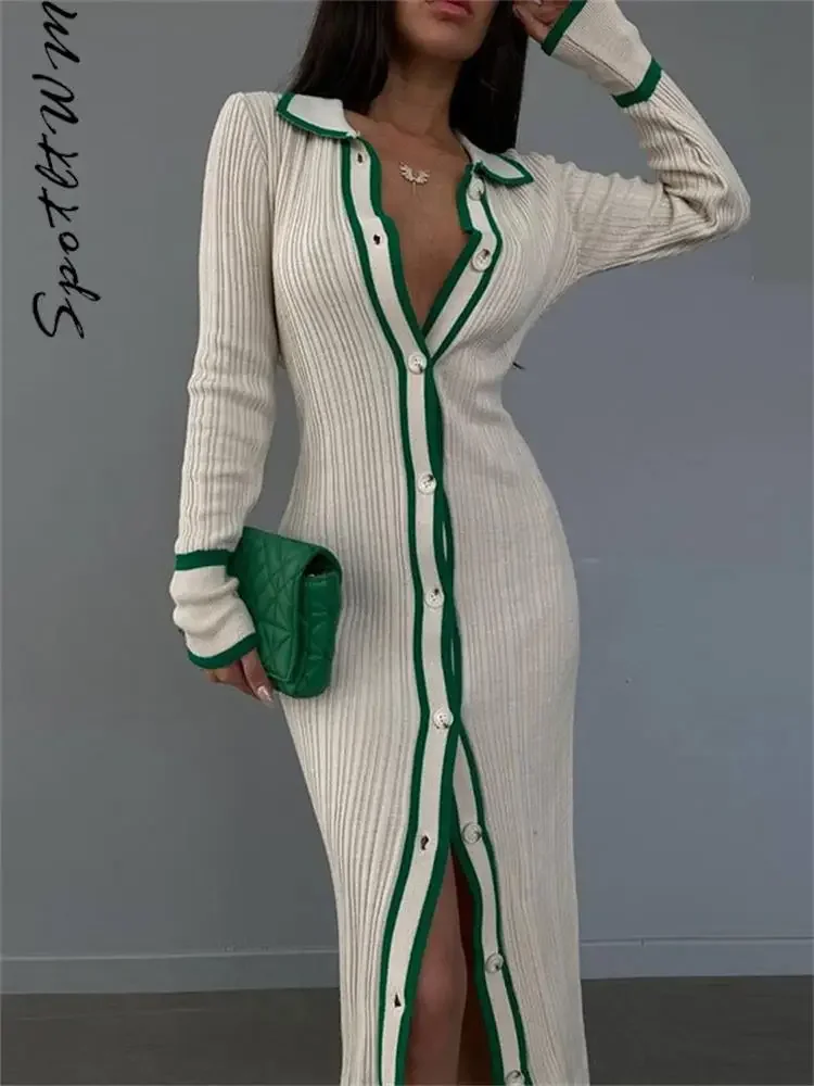 

High Waist Dresses Women Patchwork Lapel Maxi Dress Sexy Long Sleeve Single Breasted Elegant Female Street Party Vestidos