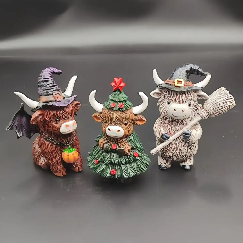 Description Picture 5 of itemHalloween Tabletop Ornament Resin Christmas Highland Cow Statue Funny Cute Cow Figurine Decorative Animal Sculpture Garden