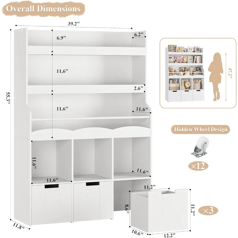 55.3" H Kids Bookshelf with Toy Storage Organizer, Tall Book Shelf with 3 Movable Toy Storage Bins, Large Kids Bookcase 2