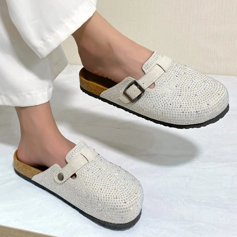 Shiny Rhinestones Outdoor Slippers Women's Shoes 2024 Summer Trend Luxury Platform Sandals Black Buckle Cork Clog Luxury Mules 4