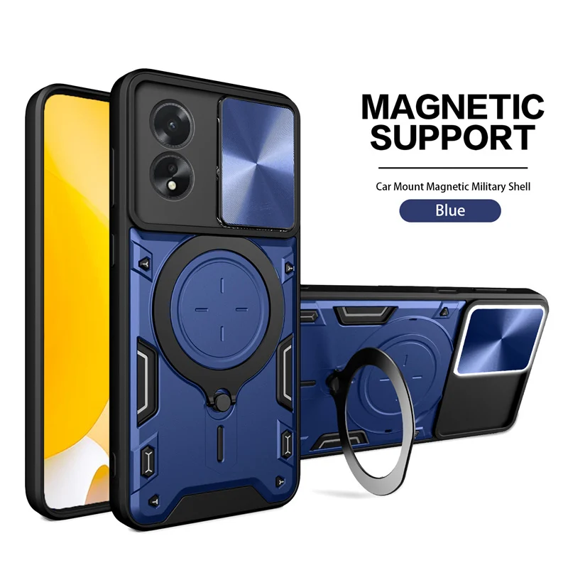 Enhanced Shockproof Armor Ring Holder Phone Case with Slide Lens Protection