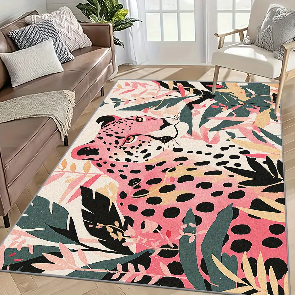 Pink Leopard & Floral Design Area Rug Large Washable Floor Mat for Living Room Bedroom Study Game Doormat Home Decor Carpet 2