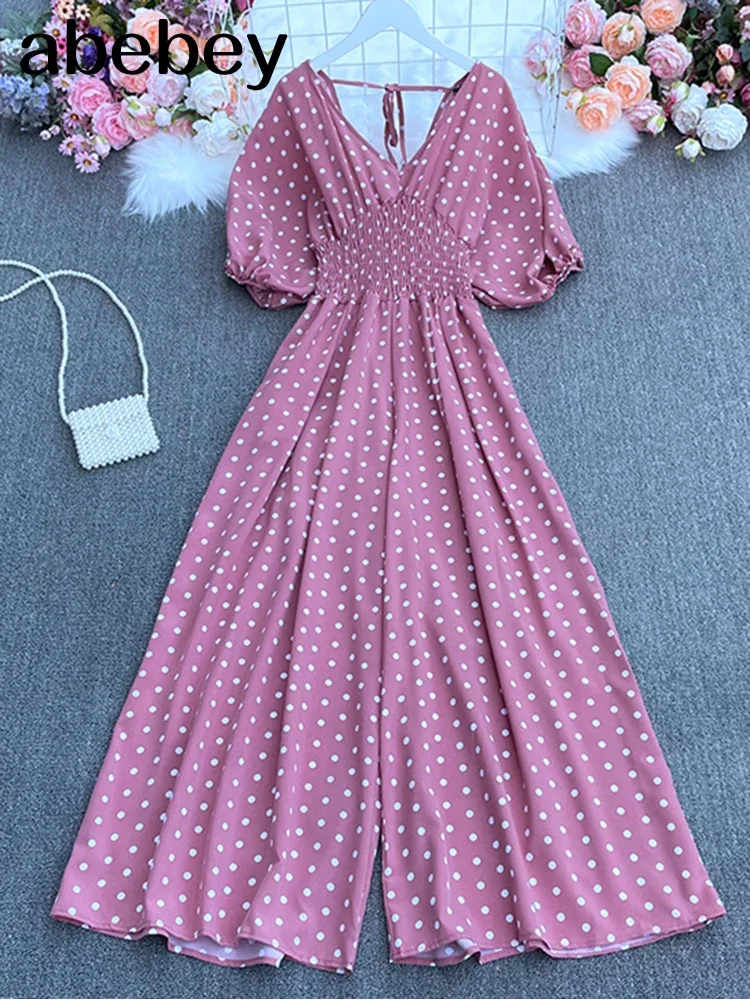 여름 점 휴일 캐주얼 와이드 레그 점프 슈트 V 넥 퍼프 슬리브 허리 탄성 Rompers 루스 비치 롱 playsuits