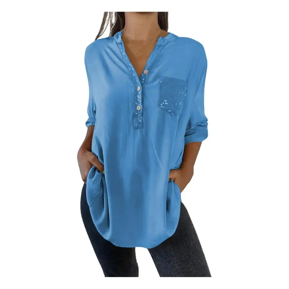 

Women Shirt V-neck Buttons Neckline Long Sleeve Sequins Stitching Pullover Tops Patch Pocket Loose Tops