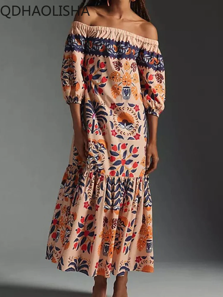 

Vintage Printed Long Dress Woman Streetwear New in Loose Pocket Lantern Sleeve Dress Spring Woman Clothes Sexi Night Dress Hot