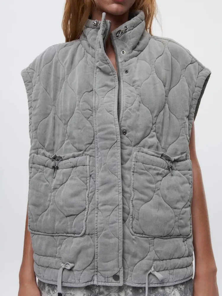ZBZA Women's Autumn New Patch Pocket Stand-up Collar Sleeveless Padded Vest Coat Warm Cotton Tank Coat Female Padded Waistcoat 3