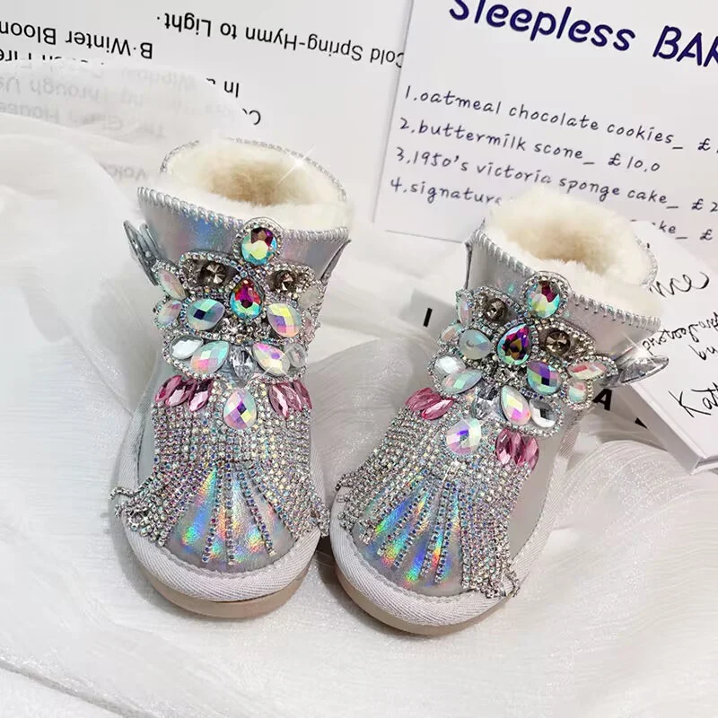 

Handcrafted colorful rhinesauge plus fleece warm fur one-piece boots sports plus-size women 35-40