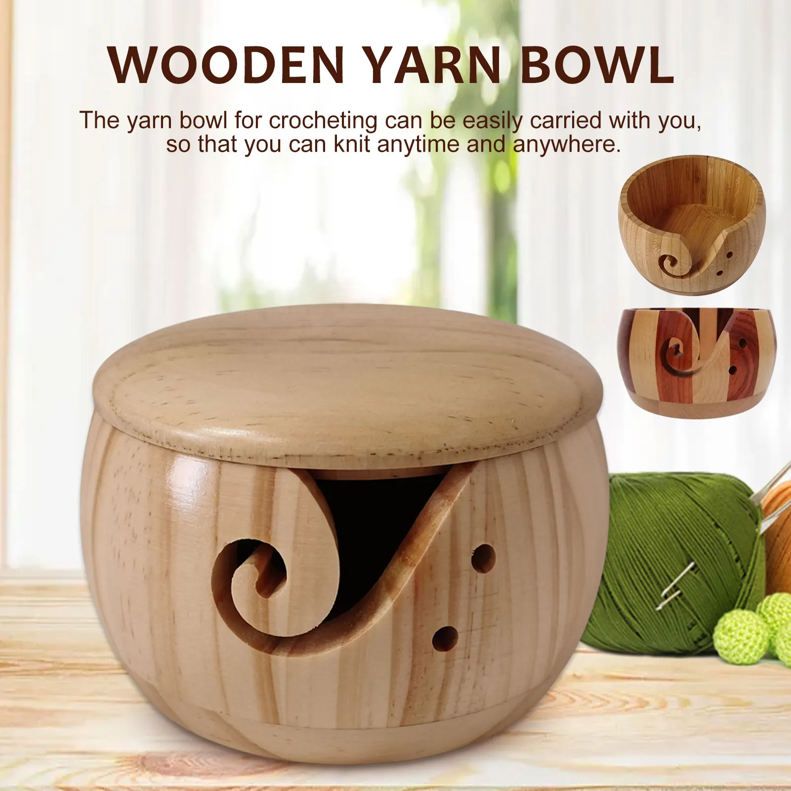 QJH Wooden Yarn Bowl Knitting Yarn Bowls with Holes Crochet Bowl Holder  Handmade Yarn Storage Bowl for DIY Knitting Crocheting