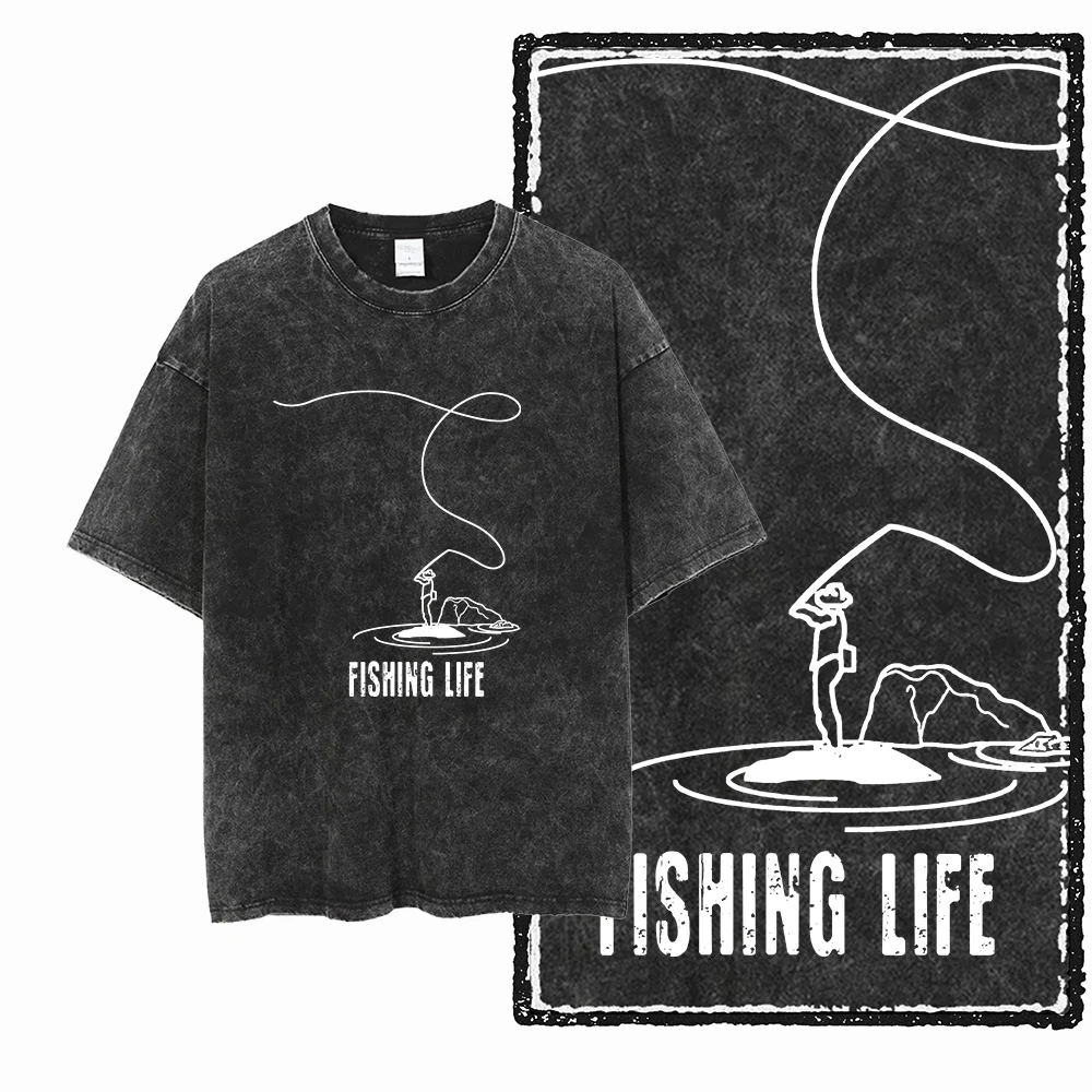 YB FISHING THEME Acid Washed Graphic Unisex Cotton T-Shirt - Cool Streetwear, Big Size