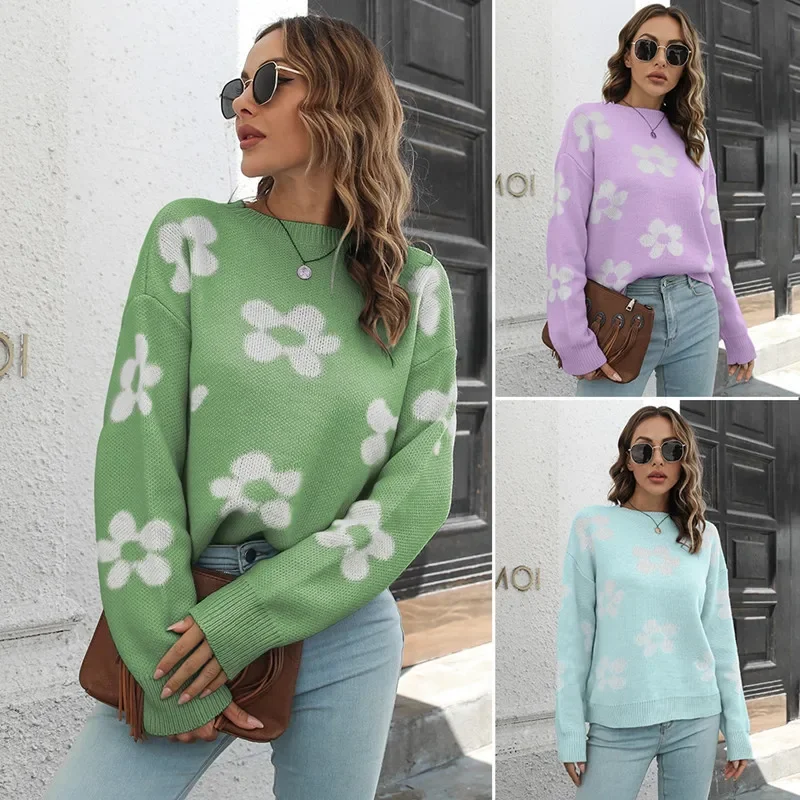 

Women's 2023 Fashion Casual Flower Jacquard Sweater Women's Loose Autumn and Winter Long Sleeve Daisy Knit Top Pullover