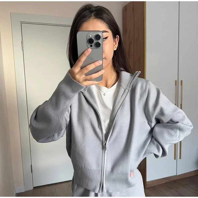 Knitted Pants Sets Women Stand Collar Zipper Cardigan Loose High Waist Pants Suits Autumn Winter New in Matching Outfits