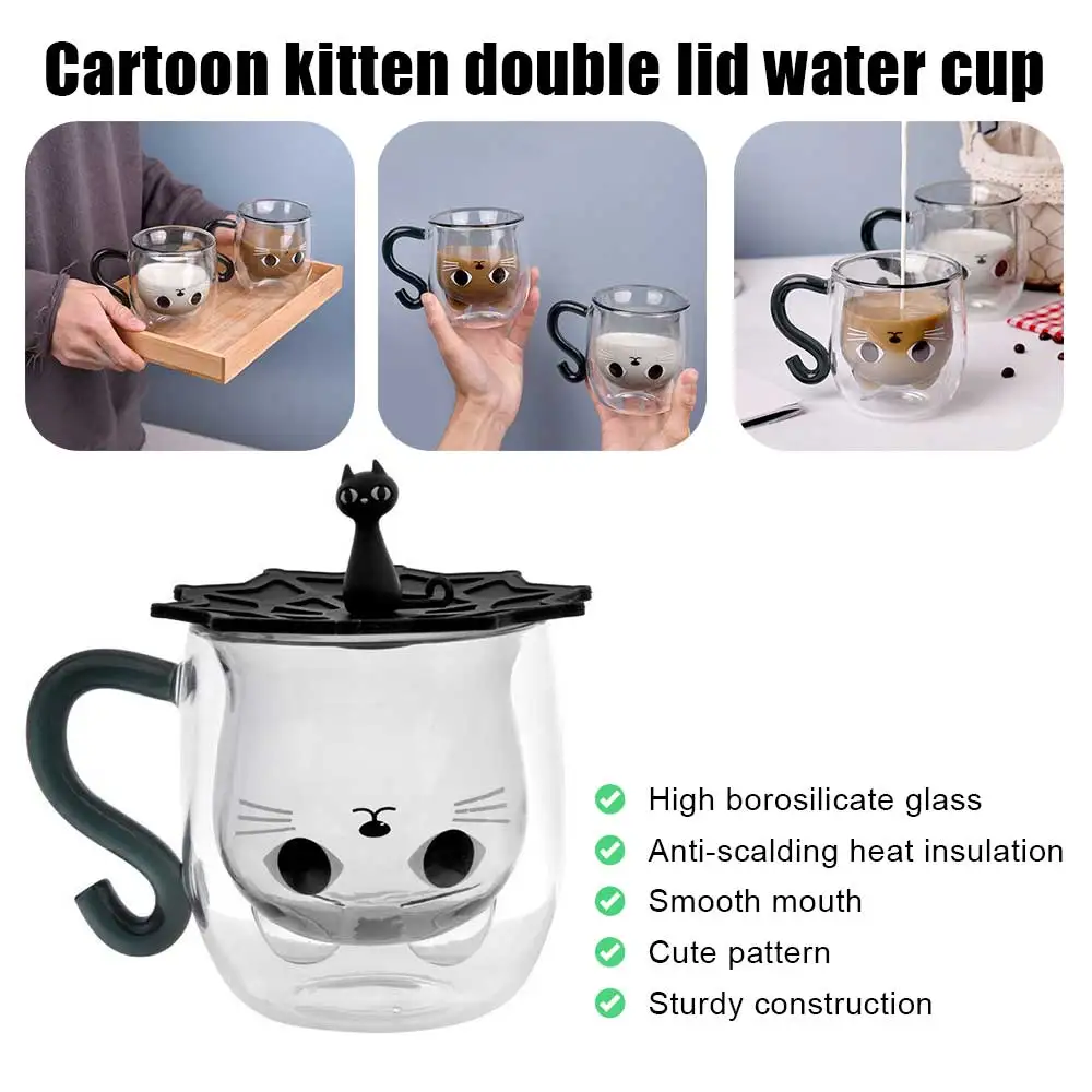 Glass Water Cup Double Wall Glass Cup Double Wall Glass Milk Juice Cup Creative Cute Cat Shape Coffee Mug Cartoon Couple Teacup with Cover Household Office Drinkware