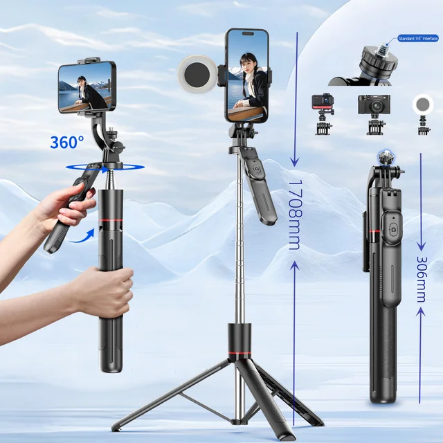 BSLIUFANG 2025 new 1.7M 360° rotation selfie stick tripod foldable stand with Wireless Bluetooth remote control for phone camera