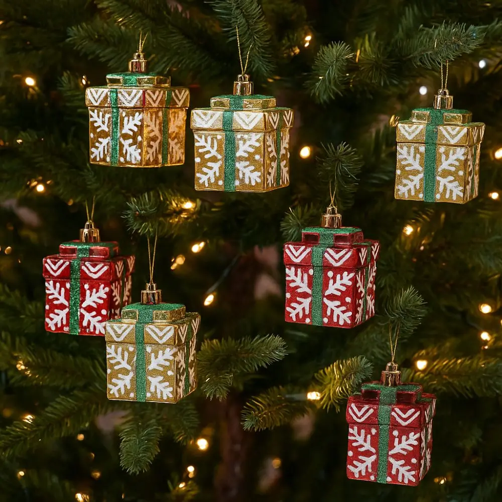 Colorful Christmas Gift Box Pendant Mini Plastic Xmas Tree Pendant Shatterproof Shiny Xmas Decorative Pendant New Year Decor