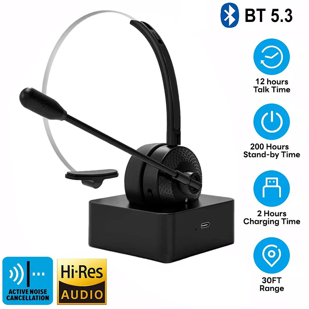 Bluetooth 5.3 Headphone Dual Noise Cancelling Microphone Clear Wireless&Wired Headset For PC Laptop Call Center Phones