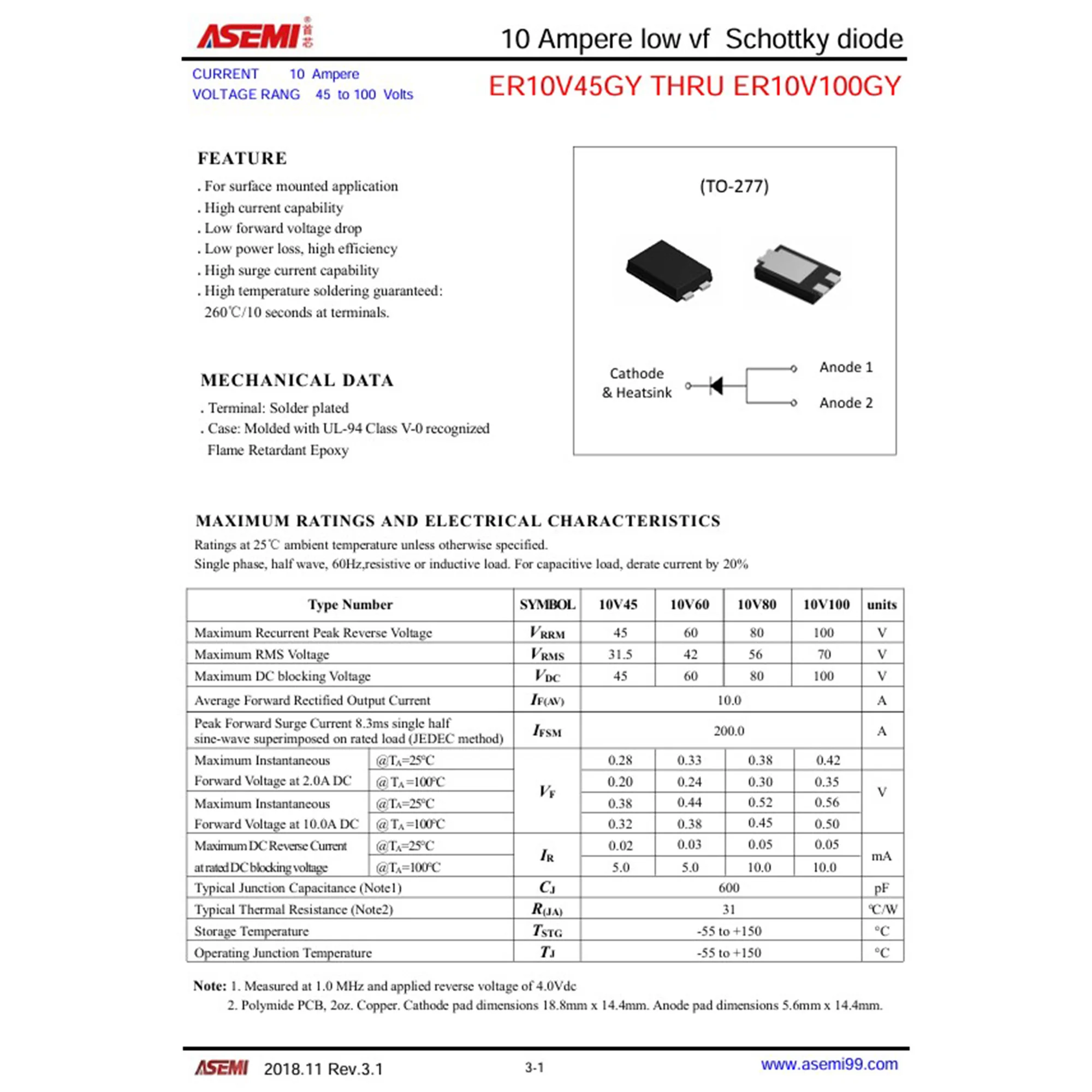 ASEMI 10V60 ER10V60GY SB1060L 110mil TO-277 10A 60V Low VF Schottky Diode 5PCS For Mobile Fast Charger