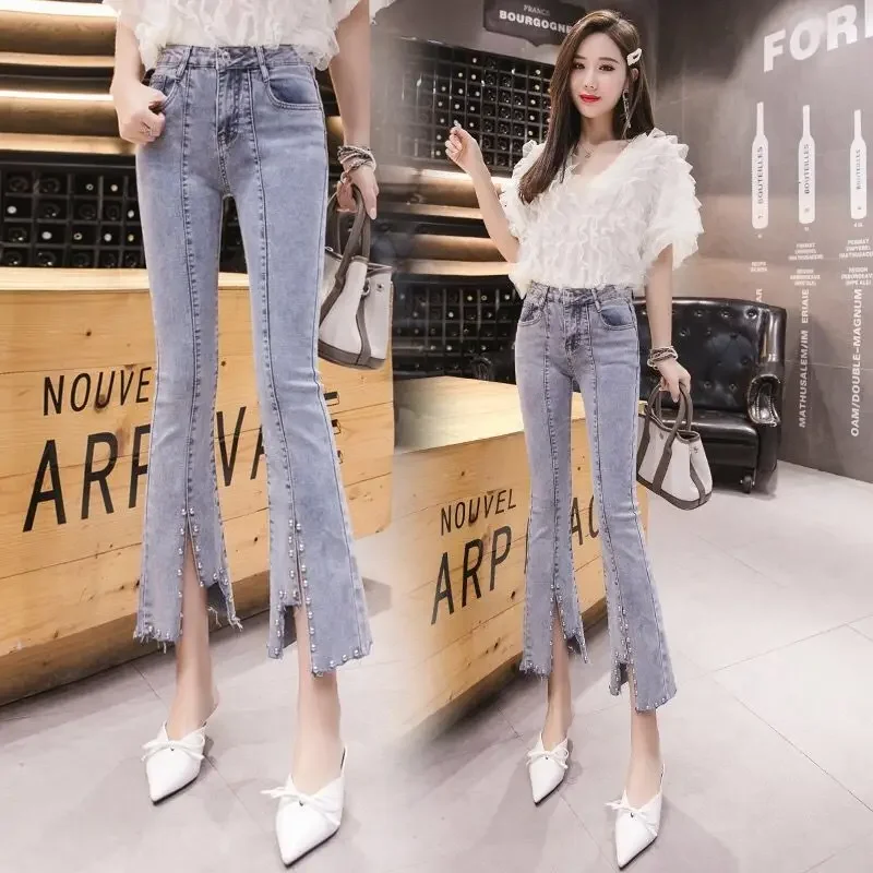 

Fashion Split Hem High Waisted Jeans Woman Casual Streetwear Lim-Fit Nail Bead Denim Trousers Female Girls Vintage Bell-bottoms