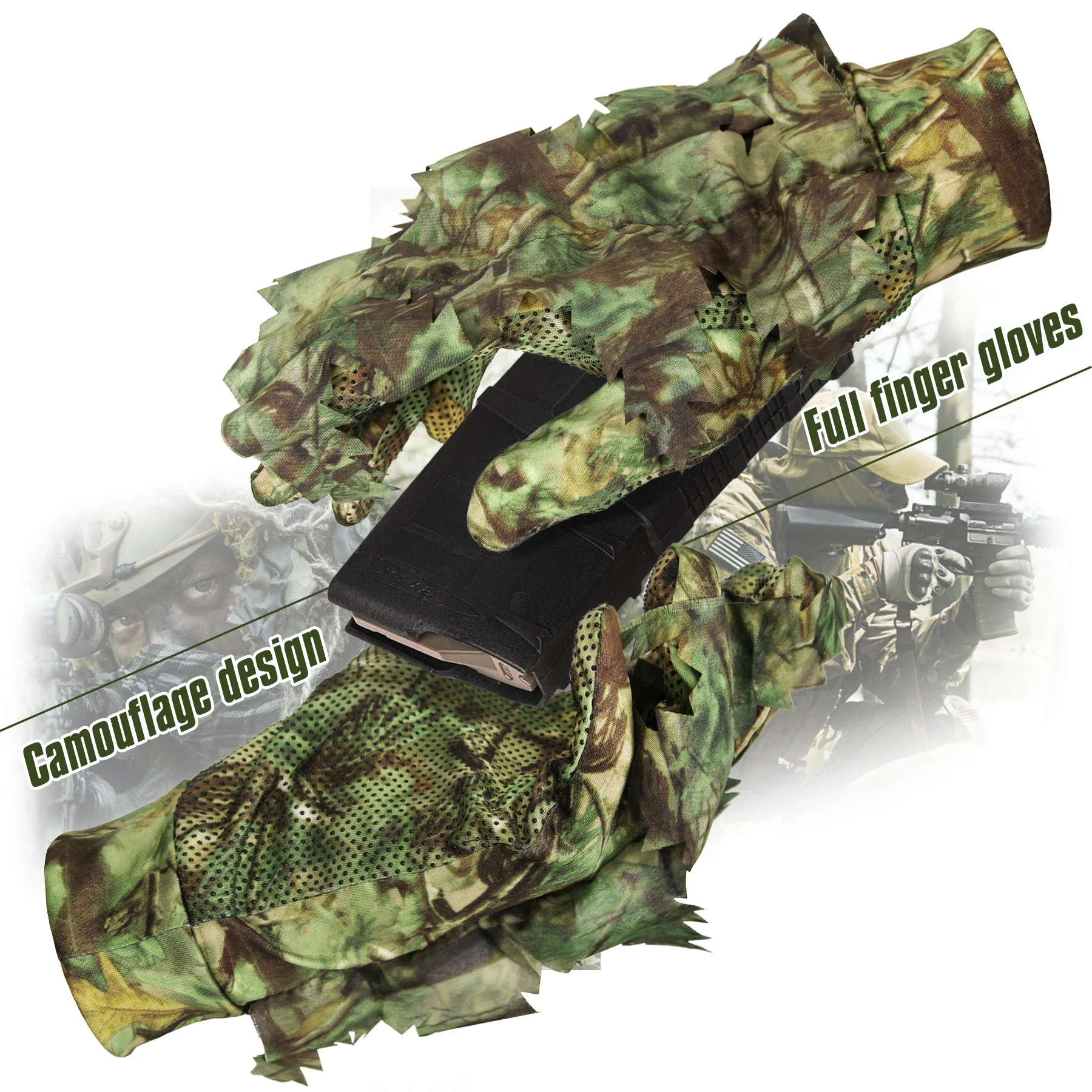 1 Pair Sneaky 3D Leaf Camo Gloves Full Finger Comfortable Non-slip Durable For Outdoor Hunting Fishing CS Shooting Gloves