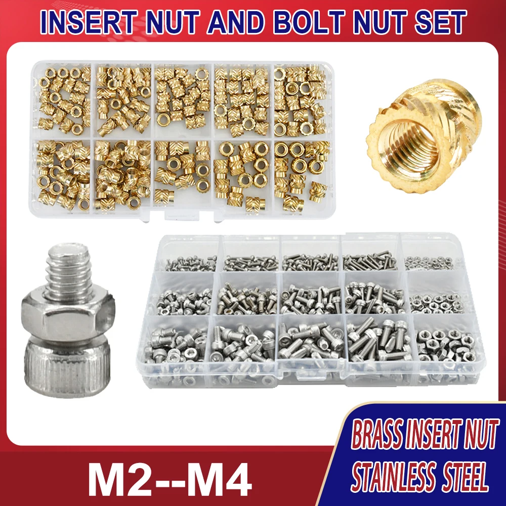 

M2 M3 M4 Brass Hot Melt Insert Nut Hex Socket Bolt Kit Motherboard 3D Printer PCB Embedded Knurl Nuts Stainless Steel Screw Set