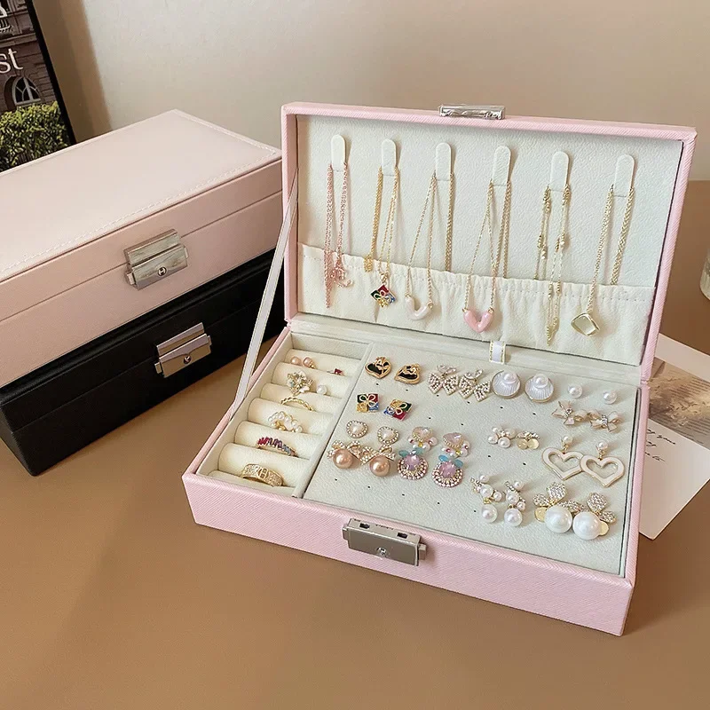 Jewelry Box Solid Lockable Jewelry Packaging Women High-end Earrings Boxes Dustproof Storage Large Capacity Portable Travel Display Box