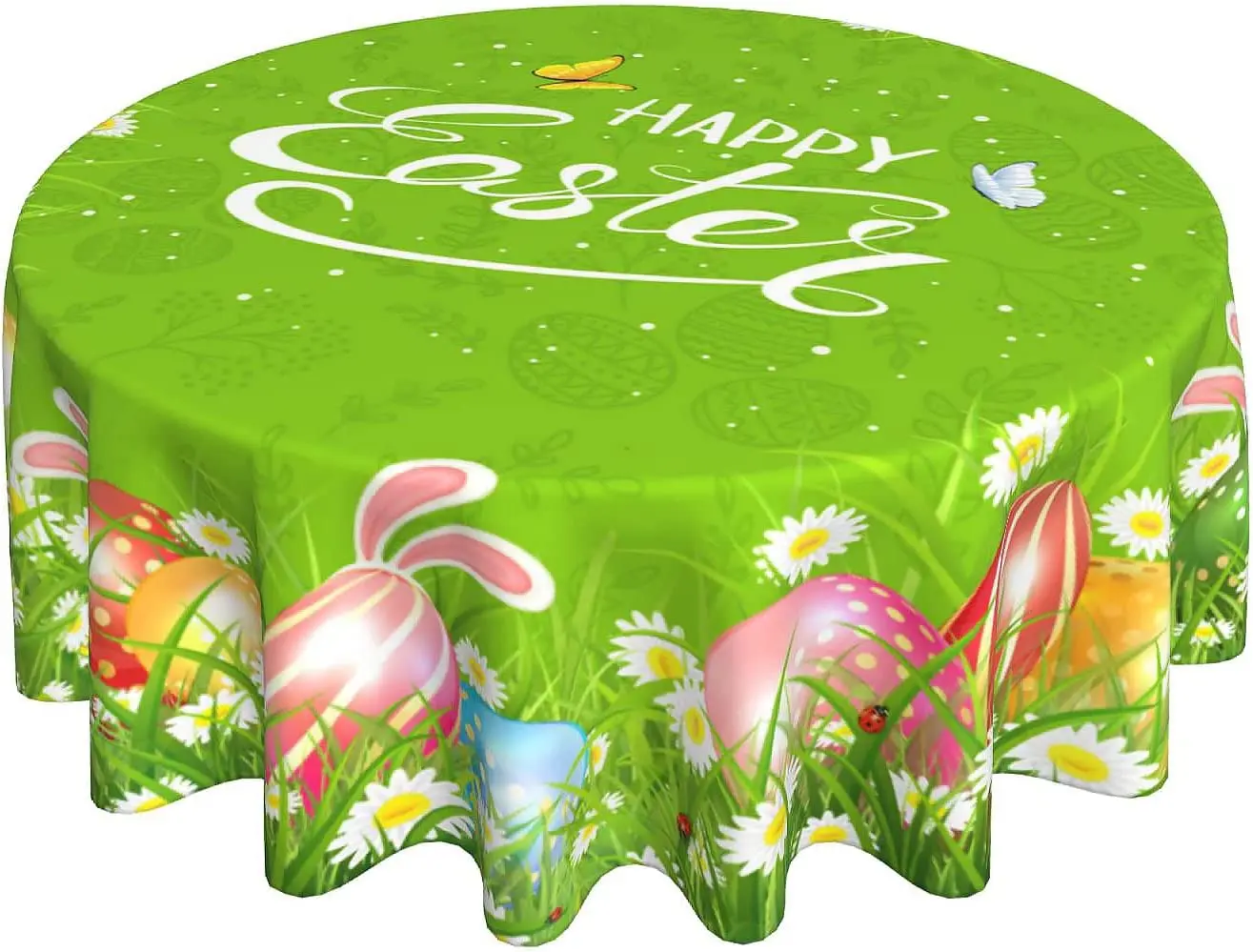 

Happy Easter Tablecloth 60in Colorful Egg Bunny Round Tablecloth Wrinkle Resistant Washable Table Cover for Holiday Party Picnic