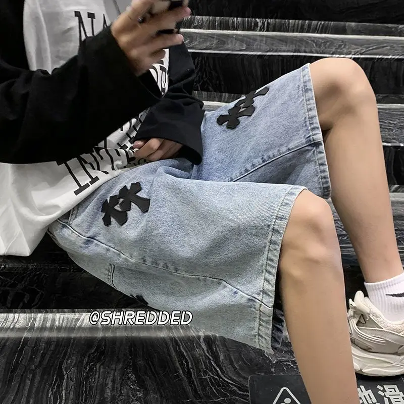 American cross-print denim shorts men's summer thin Hong Kong style loose trousers denim shorts summer jeans shorts