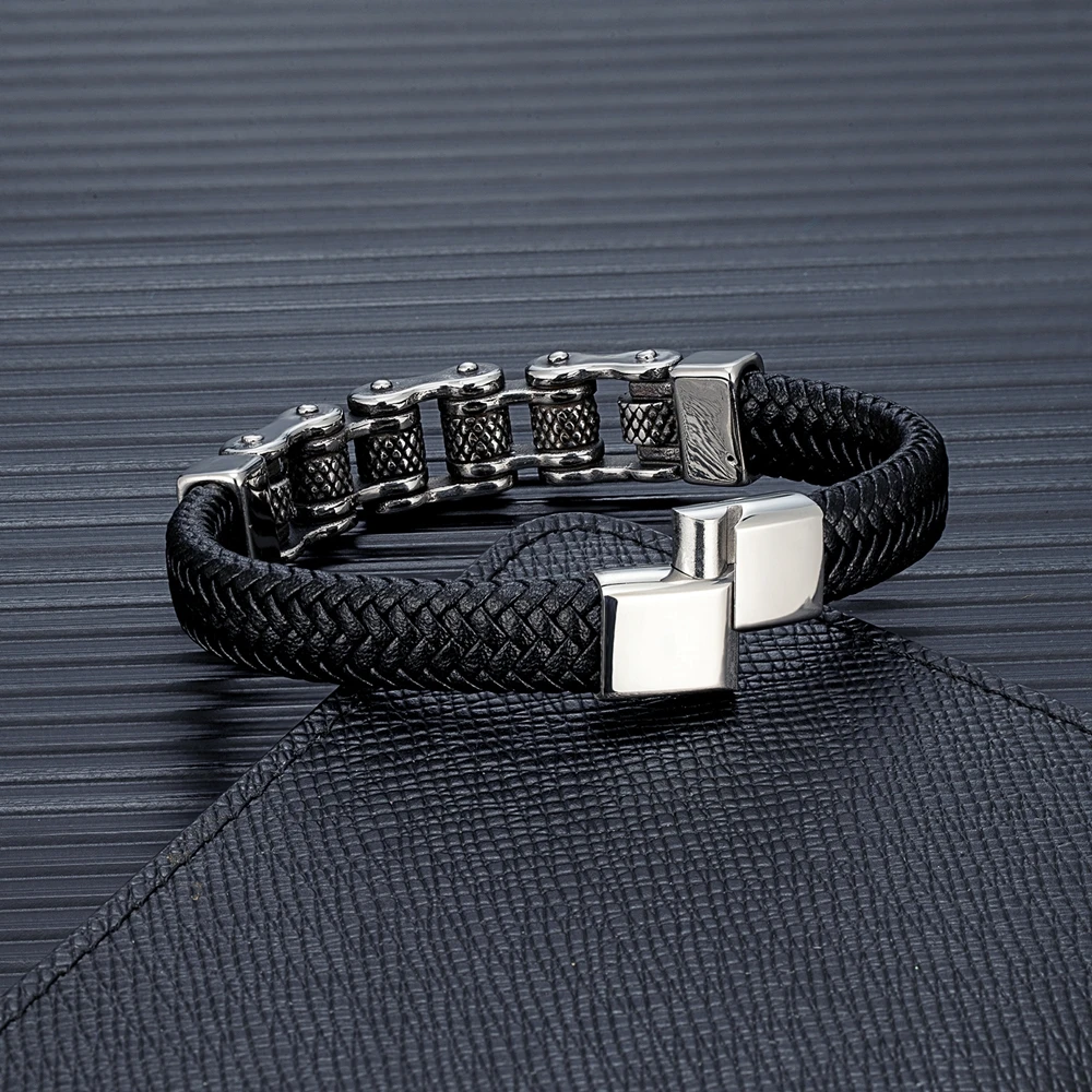 MKENDN Punk Men Biker Chain Braided Genuine Leather Bracelet Stainless Steel Magnetic Buckle Bracelet Gifts Homme Pulseras - Image 2