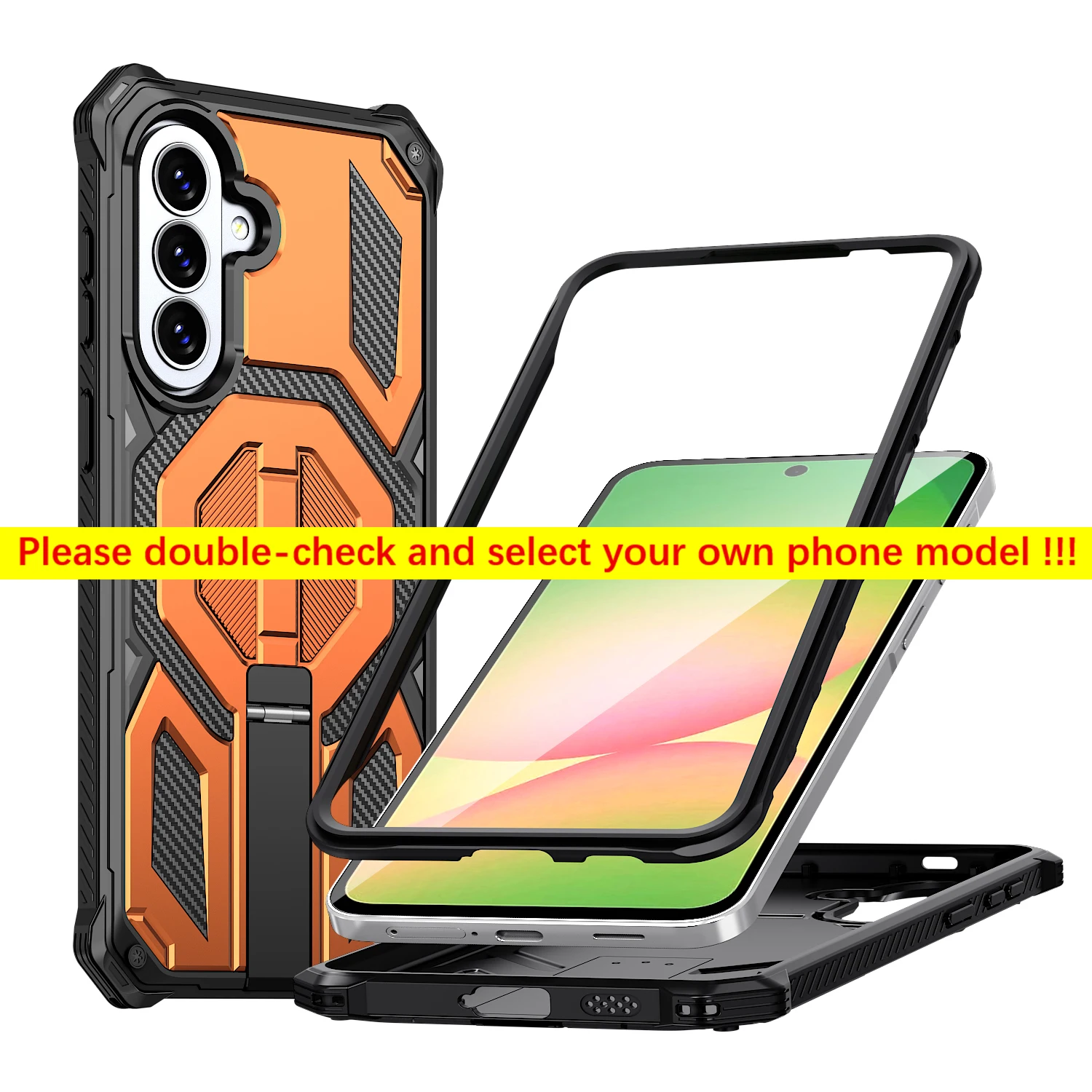 Rugged Armor Phone Case with Magnetic Stand and Rotating Cover