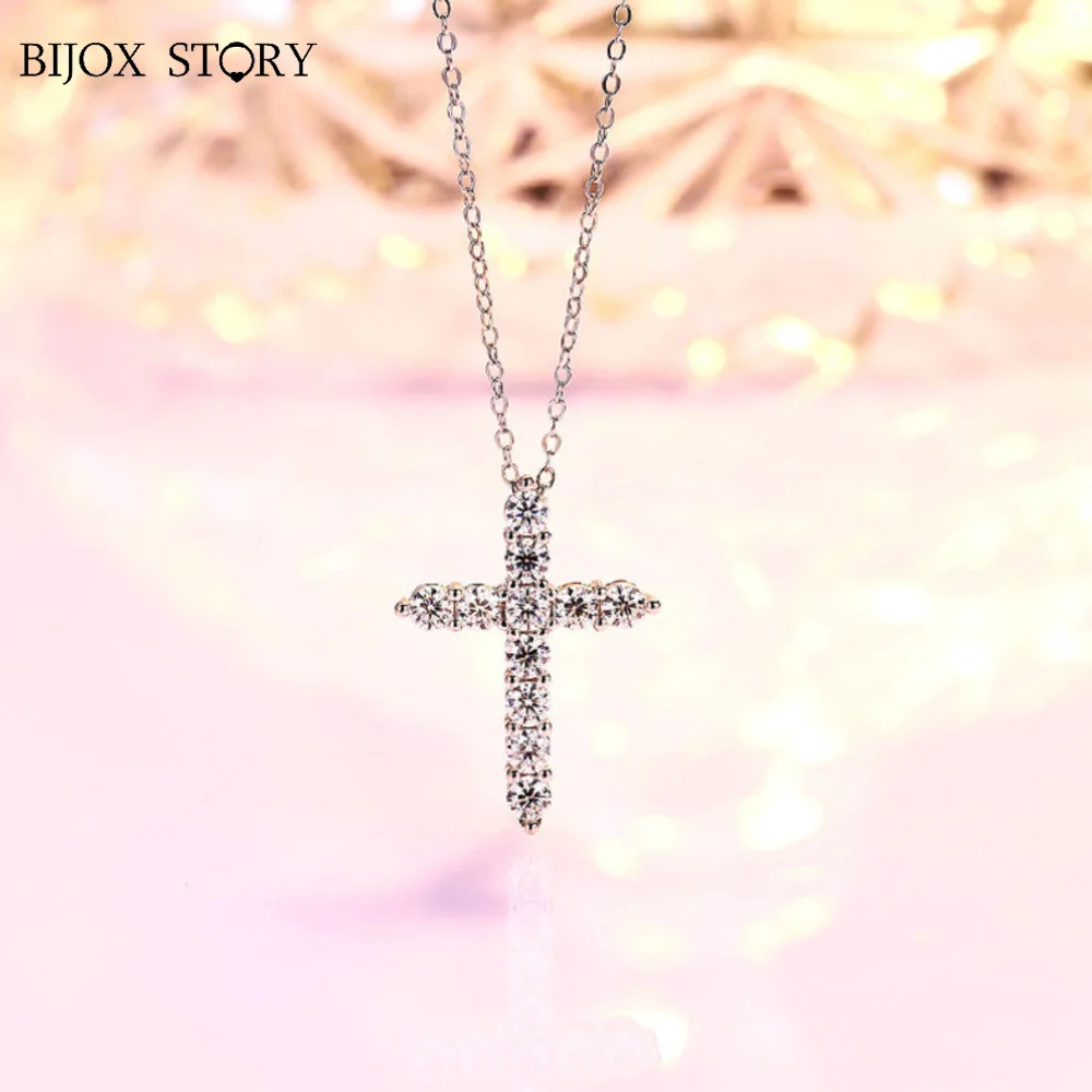 

BIJOX STORY 5mm Moissanite Cross Pendant Necklace Original Sterling Sliver Chain Plated 18k White Gold Fine Necklace for Women