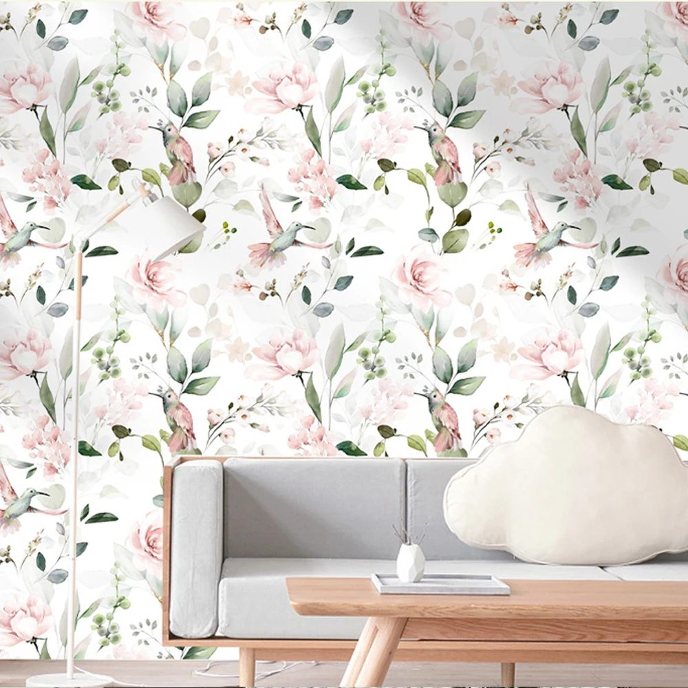 White Floral Wallpaper Peel and Stick Korean Flower Wallpaper Pink Flower Bird Tree Butterfly Wall Contact Paper for Bedroom