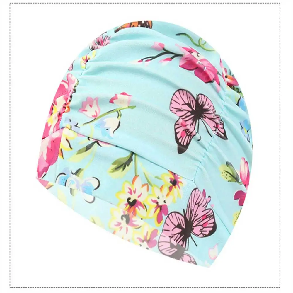 Elastic Nylon Turban Pool Bathing Hats Long Hair Bathing Swimming Protect Caps Men Women Flowers Printed Pleated Swimming Cap 6