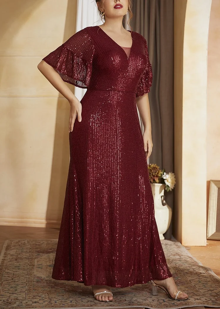 2023 V Neck Wine Red Plus Size Sequin Dress 5XL 6XL Custom Dress luxury