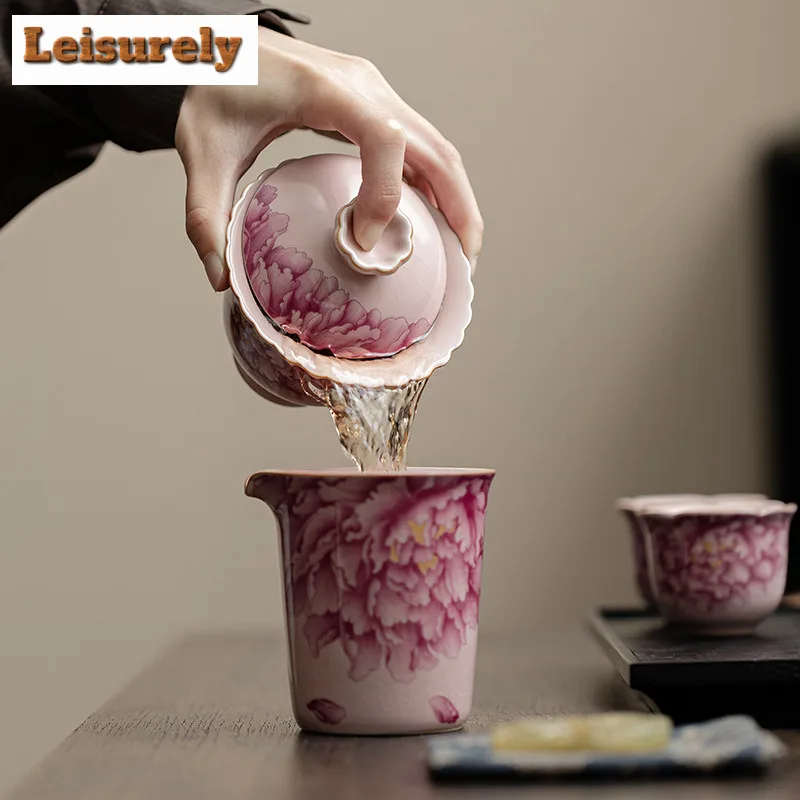 100ML Pink Ru Kiln Gaiwan Elegant Peony Anti-scald Tea Tureen Tea Brewing Cover Bowl Chinese Tea Set Collection Supplies Craft
