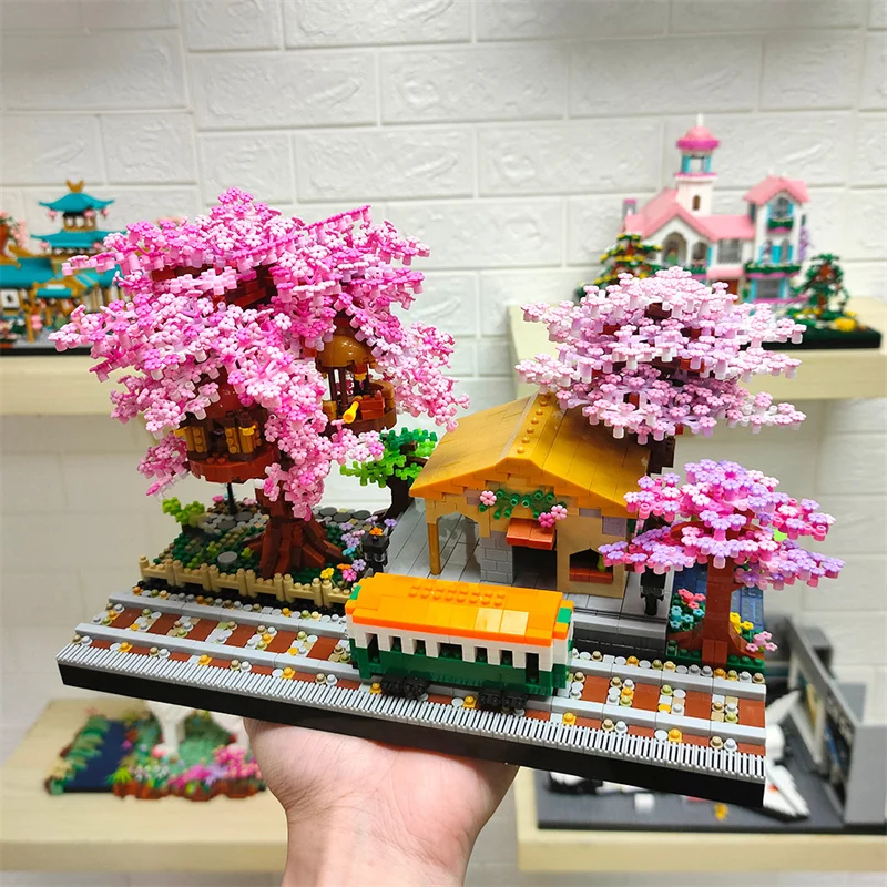 

Sakura House Tree Trains Station Model Building Blocks City Street View Assemble Blocks Diamond Constructor Toys for Gifts