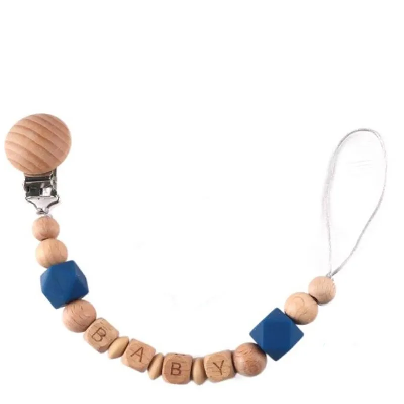 

Personalized Name Custom Baby Name Pacifier Clips Beech Beads Handmade Silicone Pacifier Chains Toddler Teether Teething Chain