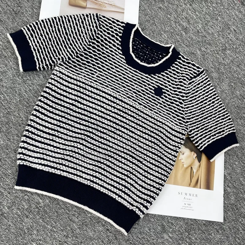 

Spring Black Color Striped Knit Women Tees T-Shirt Short Sleeves Embroidery Elegant Sport Casual Lady Crop Tops Pullover Sweater