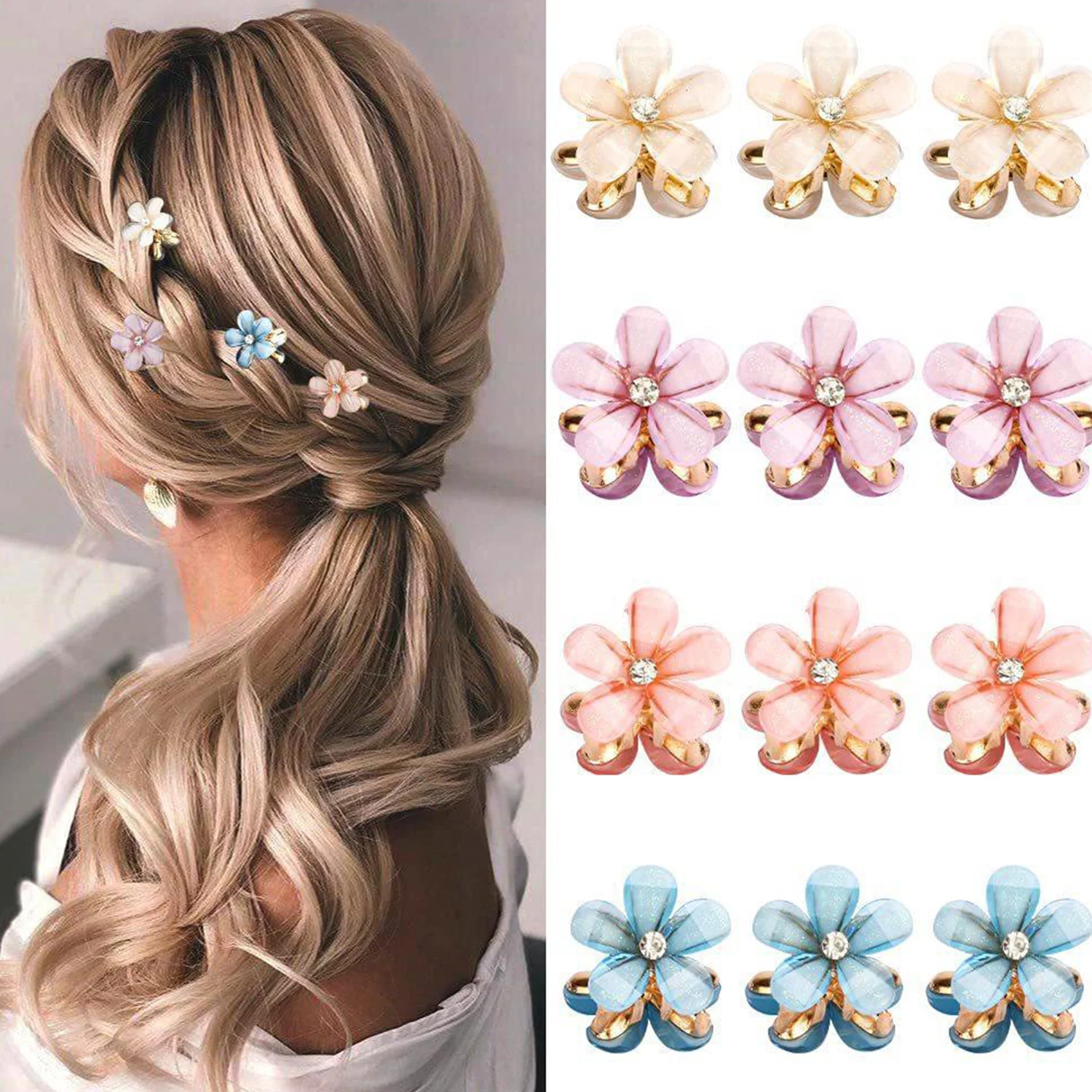 1PC Rhinestone Five-petaled Flowers Mini Hair Claw Ponytail Holder Clip Makeup Bath Hair Clips For Women Hair Accessories