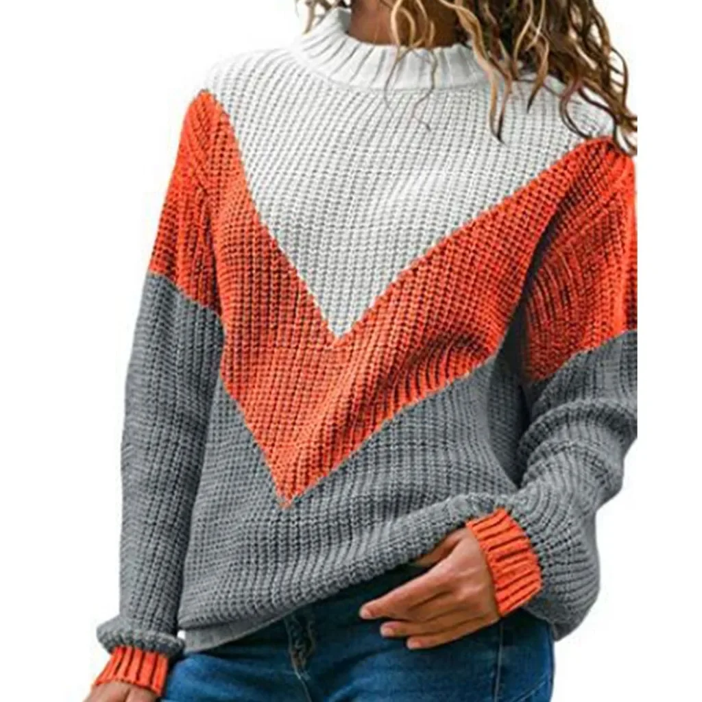 

Women's Round Neck Loose Large Size Pullover 2023 New Autumn and Winter Sweater Contrast Stitching Knit Sweater Vintage Clothing
