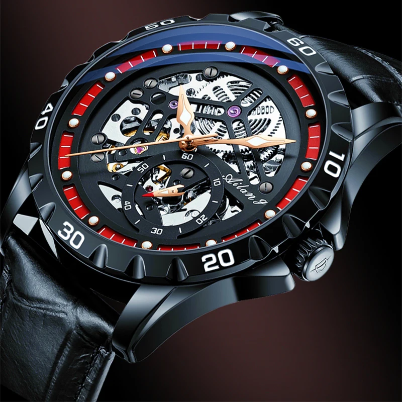 AILANG scheletro automatico meccanico da uomo di lusso impermeabile luminoso es cinturino in pelle da uomo cassa in acciaio nero_voghion.com