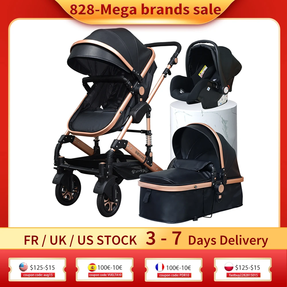 Babyfond Luxury 3 in 1 Baby Stroller High Landscape Carriage PU Leather  Trolly Aluminum Alloy Frame Pram EU Standard Pushchair