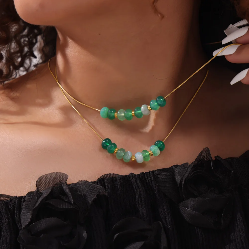 Natürlicher grüner Achat stein Perlen Anhänger Halskette Damen Edelstahl vergoldet dünne Kette Sommer wasserdichten Schmuck