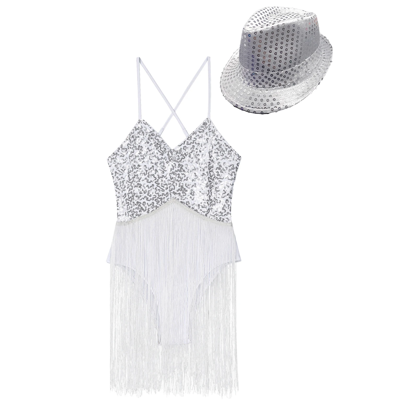 Womens Glittery Sequins Latin Cha-Cha Dance Leotard Set Fringed Bodysuit V Neck Adjustable Straps Tassel Leotard with Hat