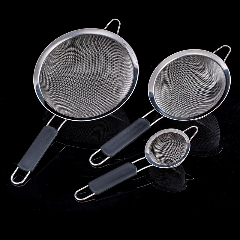 

Multifunctional Stainless Steel Colander Black Handle Household Useful Filtering Juice Flour Sifter Strainer Cooking Tool