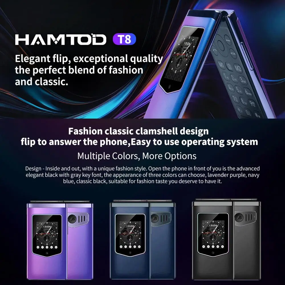 HAMTOD T8 4G Flip Phone 128MB ROM 48MB RAM 2.8 inch + 1.77 inch VoLTE BT SOS OTG 1500mAh Battery 0.3MP Camera Cellphone 2
