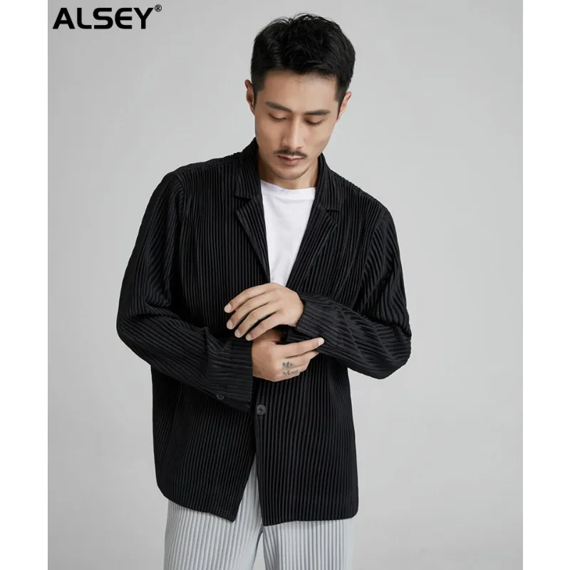 

ALSEY Miyake Pleated Tops Suits Formal V-neck Jackets High Street Fashion Mature Casual Loose Elegant Suits for Men's Clothing