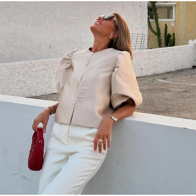 Blusas elegantes con mangas abullonadas y cuello redondo para mujer, estilo vintage, holgadas y lisas, con una sola botonadura, para verano