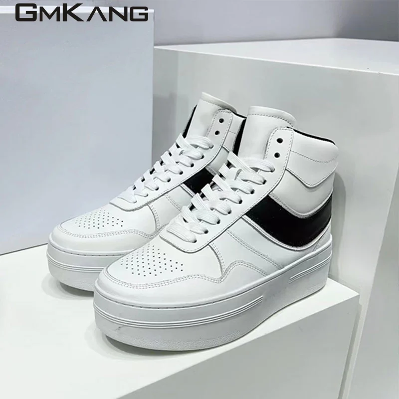 

New Casual Sneakers Women Genuine Leather Lace Up Thick Sole Shoes Female Round Toe White Shoes Platform Shoes Woman 2023