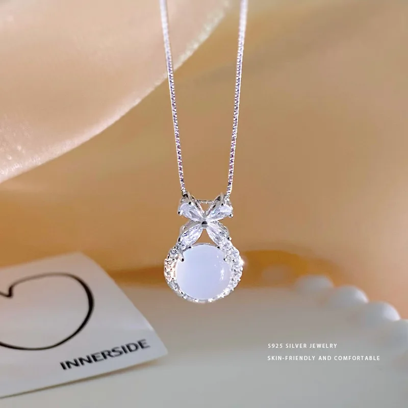 100% 925 Sterling Silver Agate Geometric Necklace for Women Girl Fashion Simple Bowknot Design Jewelry Party Gift Dropshipping