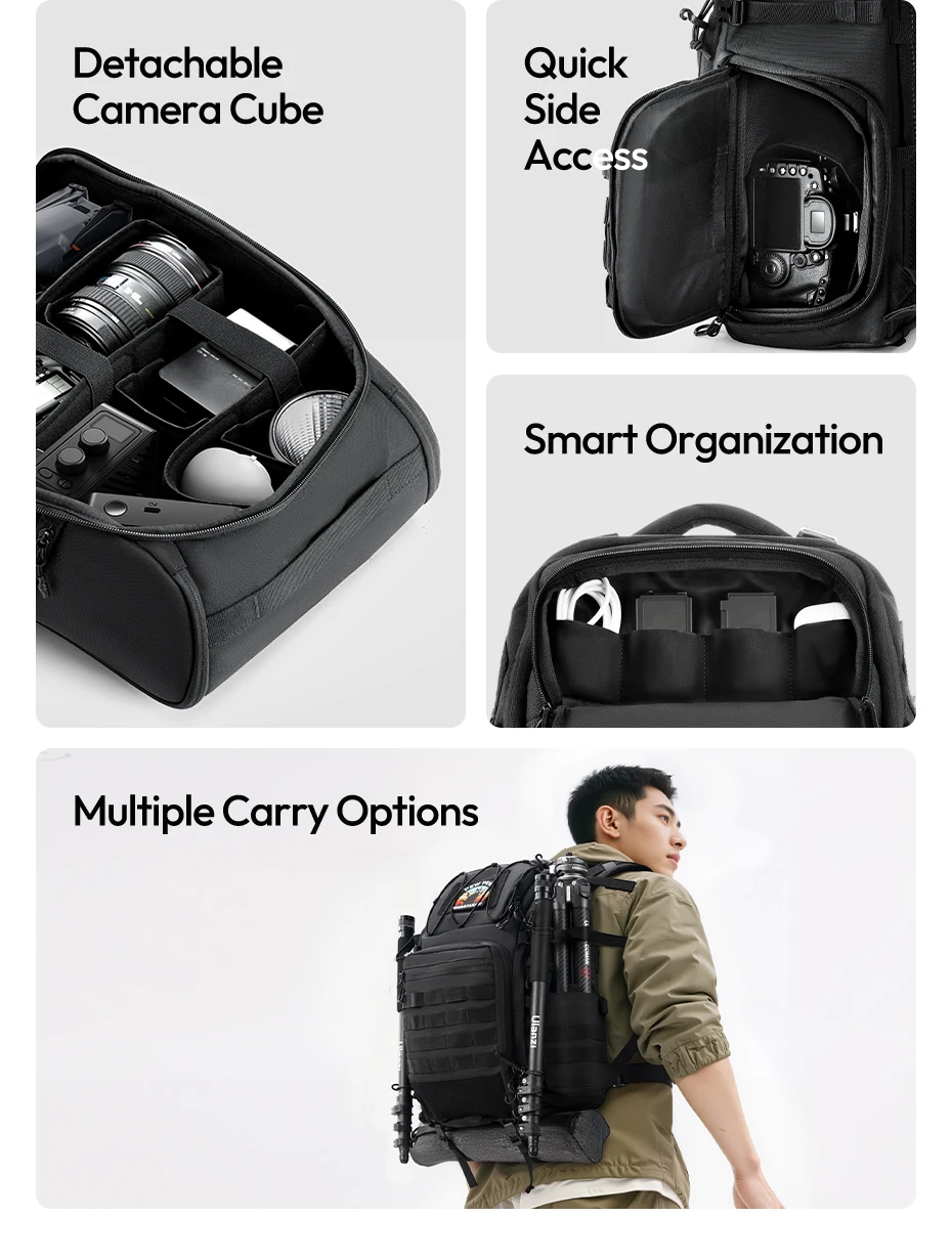 Tactical Camera Backpack 28L with Side Pockets Dividers U-Shaped Opening Foldabl